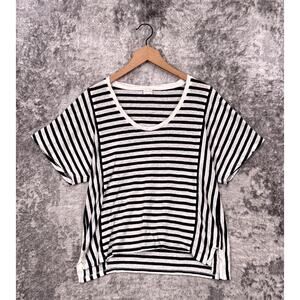 Poetry Top 12 Womens Navy Blue Stripe Linen Short Sleeve Scoop Neck T Shirt